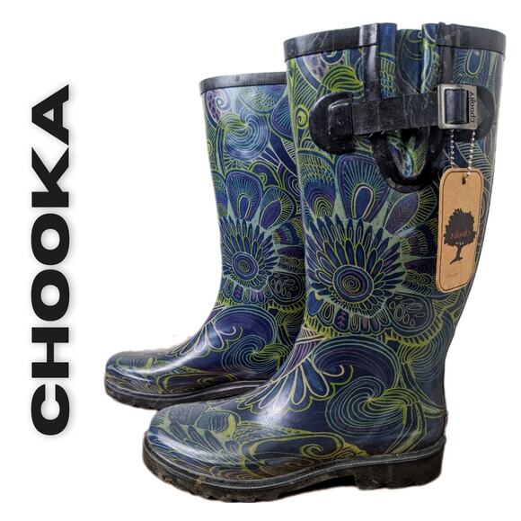 Chooka Invasion Peacock Pattern Green/Blue Rain Boot, All Natural Rubber-7 - Picture 1 of 11